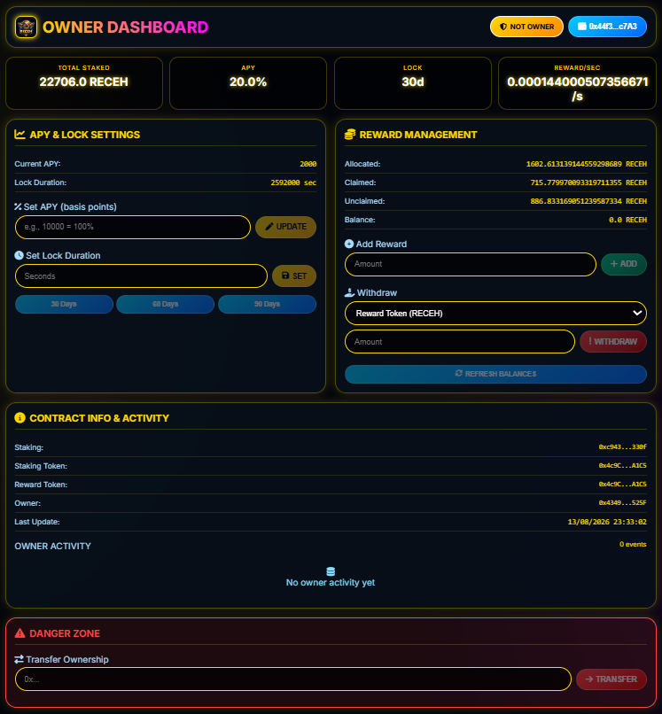 Dashboard admin staking token untuk mengatur APY reward pool deposit withdraw dan status program